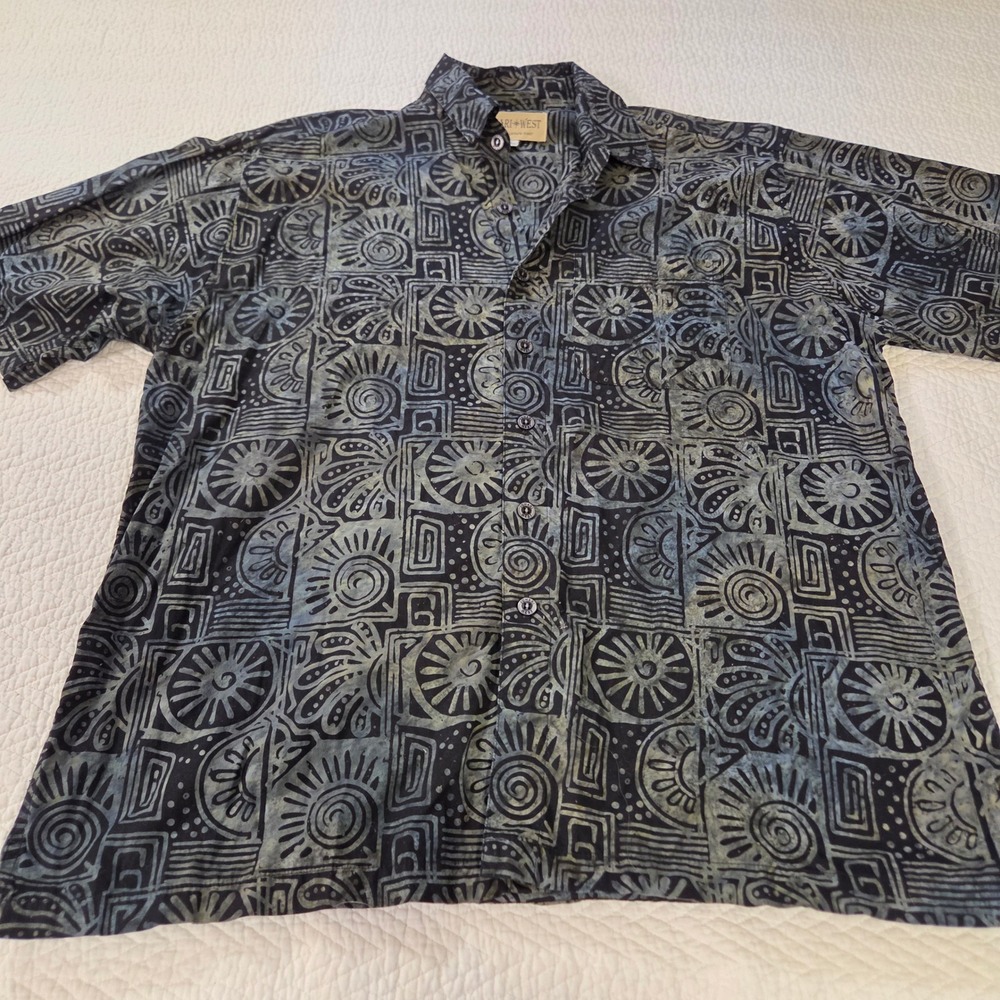 Johari West Mens XL Black Gray Batik Tribal Hawaiian Button Front Cotton Shirt